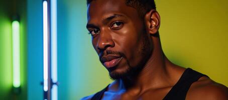 Black male portrait in neonlit studio with an emotive expression African American model photo