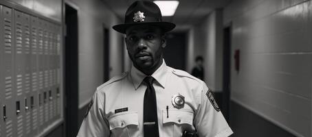 African American Security Guard with professional demeanor alert gaze and protective posture patrols a school hall conveying a sense of safety and vigilance photo