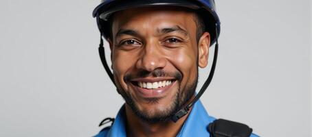 A smiling African American security guard wears a blue uniform and helmet photo