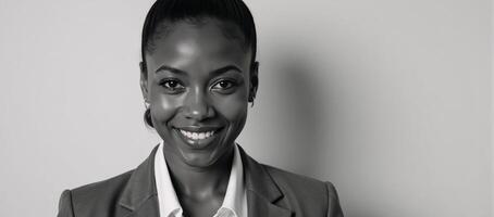 Black White portrait showcasing a beautiful African American womans flawless complexion photo