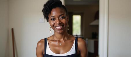 A portrait showcasing a selfassured African American woman ready for domestic tasks photo