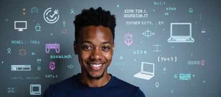 A digital art illustration showcases an AfricanAmerican IT student excelling in coding cybersecurity AI and computer science dreamy abstract patterned for online learning photo