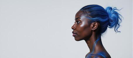 Sideprofile African American portrait rendered in expressive moving blue ink capturing both strength and delicacy through fluid lines photo
