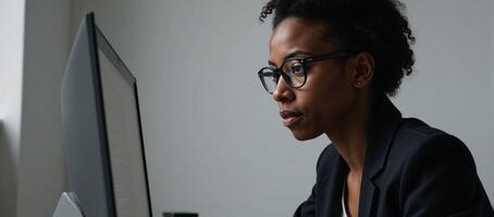 AfricanAmerican female software developer intently analyzing code on screen photo
