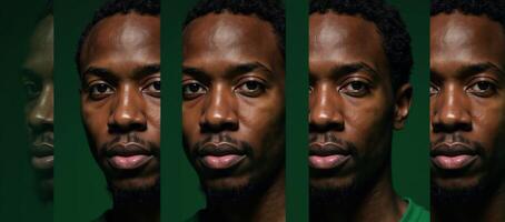 Portrait series featuring abstracted AfricanAmerican male faces in green tones with vertical stripes to convey the concept of dissociative identity disorder photo