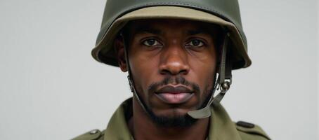 Portrait featuring an AfricanAmerican soldier wearing a helmet amidst military backdrop photo