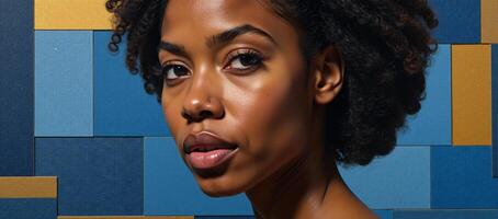 AfricanAmerican woman portrayed in a denim patchwork cubist mural featuring dynamic blue and gold tones photo