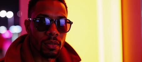 A neonnoir portrait of an African American man with mysterious appeal illuminated by vibrant neon colors and reflected through tinted sunglasses encapsulates the urban nightlifes cyberpunk aesthetic photo