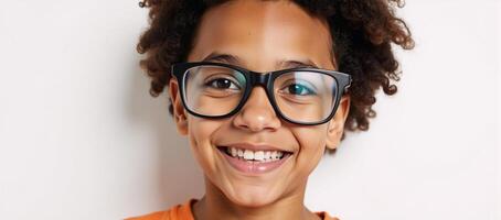 A captivating portrayal of an endearing African American boy with his characteristic large glasses and warm smile against a clean white backdrop photo