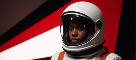 Minimalist depiction of an AfricanAmerican Astronaut on red white and black background photo