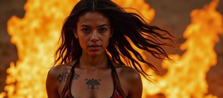 An ethereal African American woman in flames walks through the inferno as a supernatural figure of power and resilience Sovereign Unparalleled Unconquerable Unswerving photo