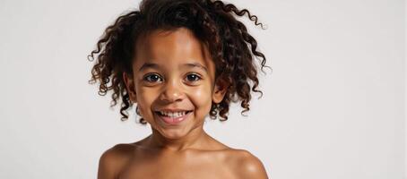 Adorable AfricanAmerican girl with curls and a splash on a clean white backdrop photo