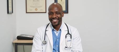 Medical portrait featuring a smiling African American male physician wearing a stethoscope in his office setting photo