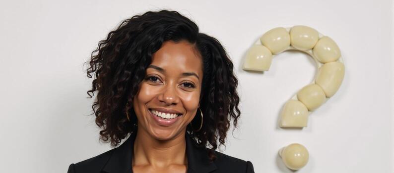Smiling African American Coco posed inquisitively with a lightbulb beside her against a clean white backdrop photo