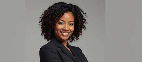 Confident African American businesswoman in curls and professional attire against vibrant cityscape backdrop photo