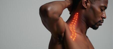 An AfricanAmerican man depicted with prominently displayed spine and radiating lines of visible pain photo