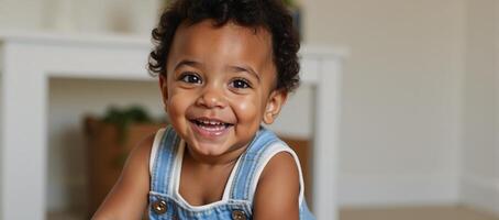 African American toddler smiling and seated alone photo