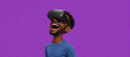 Excited AfricanAmerican cartoon character with open mouth and VR goggles against vibrant purple backdrop photo