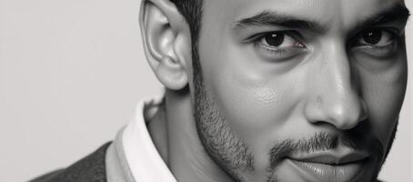 Blackandwhite closeup studio portrait of an African American male model with intense stare photo