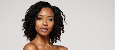 Stunning African American model portrayed with curly braids and a sharp jawline against a white background in the style of Beautiful Portraits concept photo