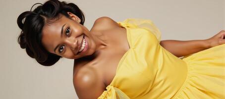 A stunningly beautiful Afrocentric fairy tale portrait features an African American teenage girl dressed elegantly in a vibrant yellow retro gown with her hair styled and pulled up evoking the glamour photo