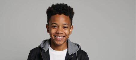 Isolated portrait of a smiley African American teenage boy dressed casually against a gray backdrop photo