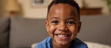 A beaming AfricanAmerican child fills a warm indoor scene with radiant smiles and youthful innocence photo