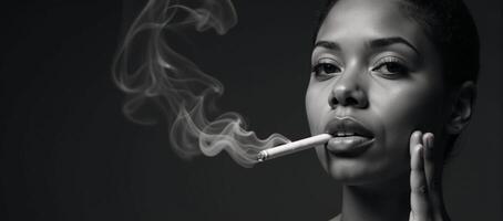 Image portrays a closeup portrait of an African American woman with focus on her face as she smokes during World No Tobacco Day photo