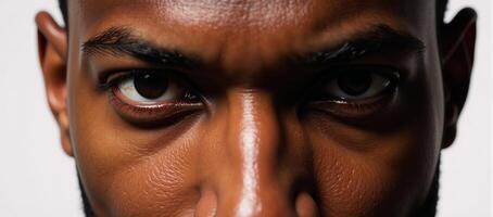 Detailed portrait of an intense focused African American male with dewdrops on his face photo