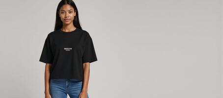 Oversized Black TShirt Mockup featuring confident African American Model displaying casual styles versatility comfort photo
