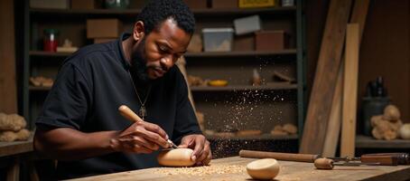 A skilled AfricanAmerican artisan carves intricate designs into a wooden masterpiece surrounded by tools and airborne wood chips photo