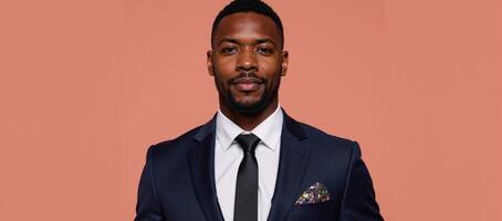 A handsome African American man is depicted as a successful businessman in stylish suit attire photo