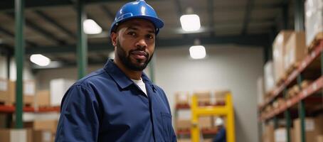 A smiling AfricanAmerican warehouse worker is depicted in his work uniform photo