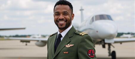 Cartoon image Black AfricanAmerican pilot in military aviation uniform sporting a smile photo