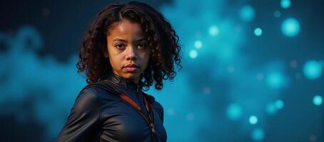A curvaceous urban AfricanAmerican teenager strikes a dynamic pose in a glowing cityscape against a bokeh backdrop embodying a blend of superheroes and antiheroes with their vibrant fantastical photo