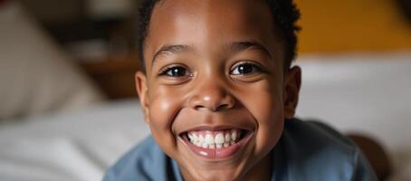 Closeup portrait of happy African American child radiating joy and innocence photo