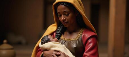 A soulful African American Nativity Scene portrays Mary Joseph and Baby Jesus in vibrant warm tones highlighting cultural authenticity and an intimate loving familial moment photo