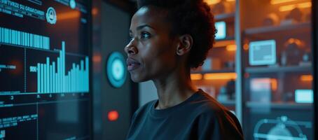 A futuristic cybersecurity scene featuring an African American IT specialist examining holographic data using segmented reality and artificial intelligence in colors of blue and orange photo