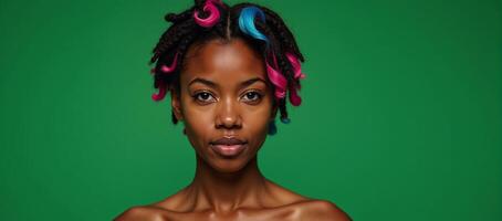 A vibrant African American woman with electrifying hair color displays creativity and boldness on an emerald backdrop photo