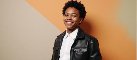 A confident joyful AfricanAmerican teen stands out in trendy attire against a lively backdrop photo