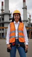 Young mixedracial African American female apprentice stands proudly before industrial factory in hardhat reflective vest photo