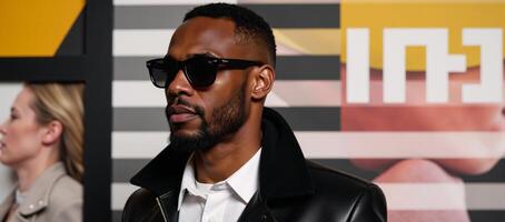 Modernistic digital illustration features an urbanchic African American man in sunglasses amidst abstraction and style photo