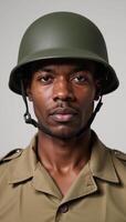 Portrait featuring an AfricanAmerican soldier wearing a helmet amidst military backdrop photo