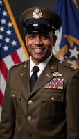 A proud and confident smiling AfricanAmerican veteran depicted in a military uniform Generated photo