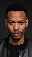 a confident black male model posed against a backdrop photo
