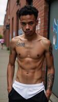 A confident tattooed streetwearclad black man stands proudly in a gritty urban setting radiating strength pride and unabashed uniqueness photo