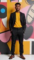 Portrait of stylish African American man blending Modern Art Collage with Geometric Shapes Graffiti Style photo