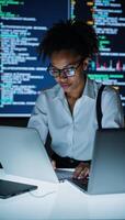 A black female IT specialist is depicted engrossed in cybersecurity analysis within a digitallyrendered environment brimming with codes and graphics symbolizing technological power photo