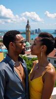 Punkstyle image portrays an African American couple admiring a sunset view of London from a Jamaican rooftop photo