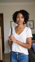 A portrait showcasing a selfassured African American woman ready for domestic tasks photo